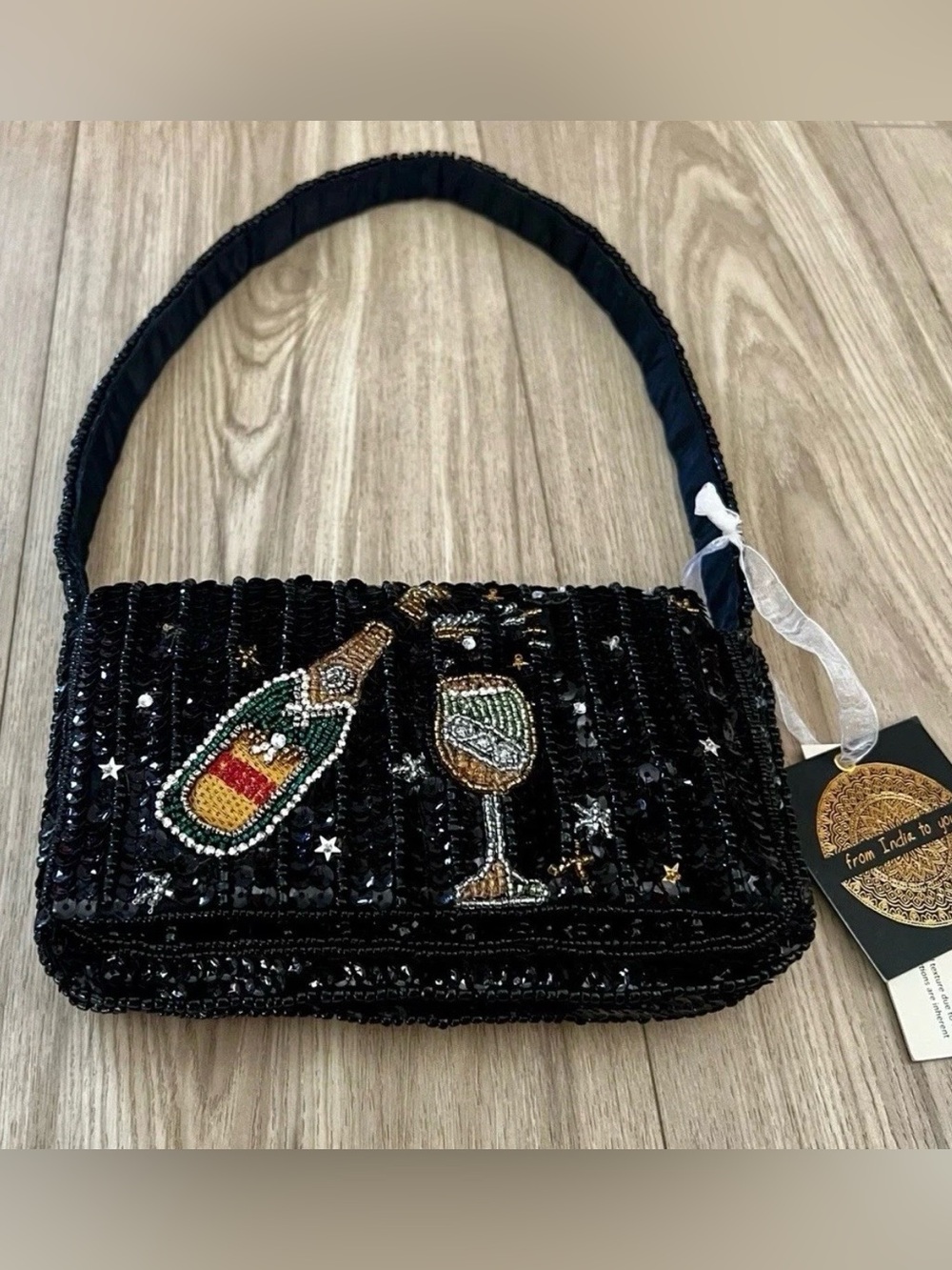 Viral Black Beaded Party Shoulder Bag with Beaded Champagne Motif
